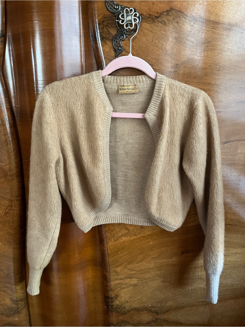 Vintage Shaggy Camel Cropped Open-Front Sweater